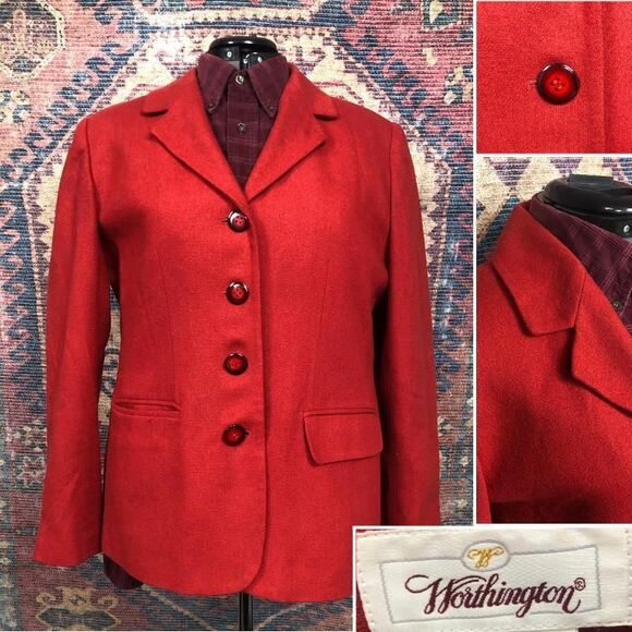 Vintage Worthington Coat Womens 14P Red 100% Wool Tweed Blazer Jacket Ladies - Picture 1 of 16